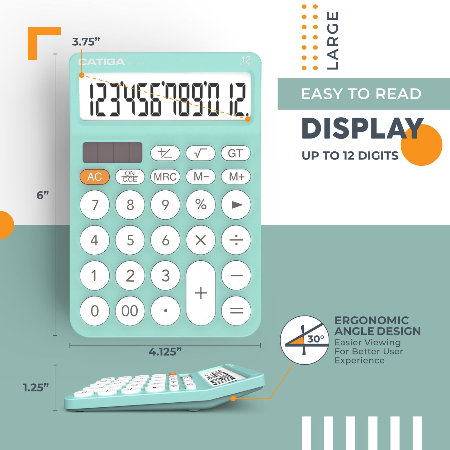 CATIGA 12 Digit Desktop Calculator with Large LCD Display, SD-1292, Fresh Blue