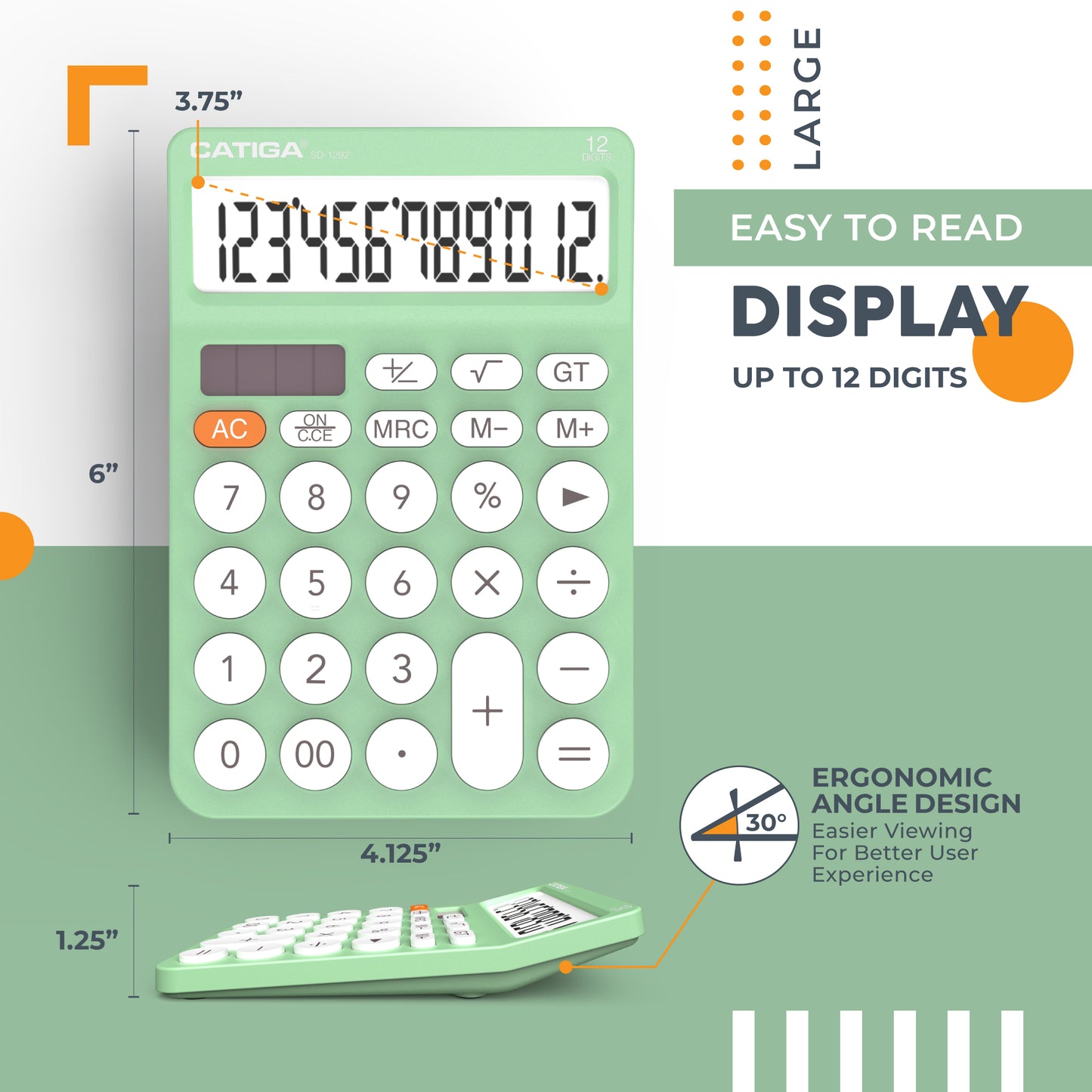 CATIGA 12 Digit Desktop Calculator with Large LCD Display, SD-1292, Mint