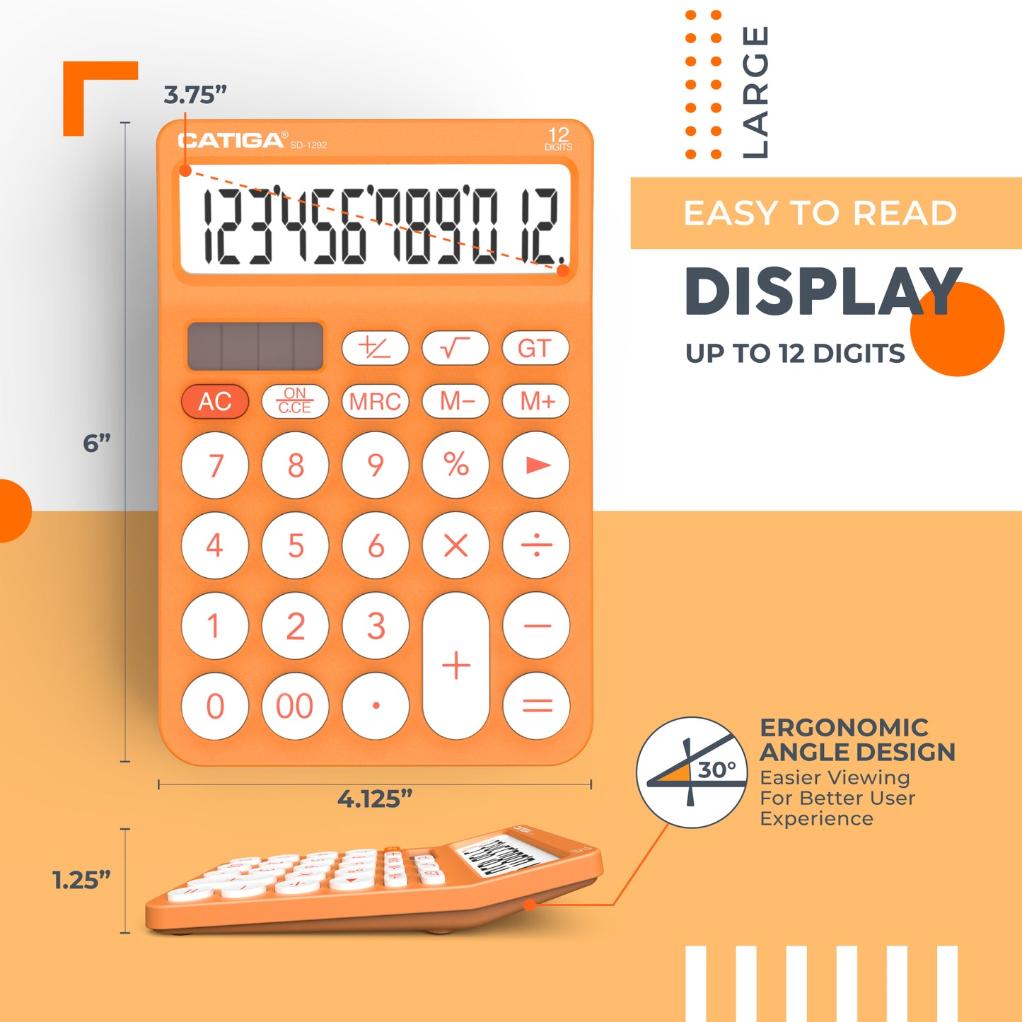 CATIGA 12 Digit Desktop Calculator with Large LCD Display, SD-1292, Orange