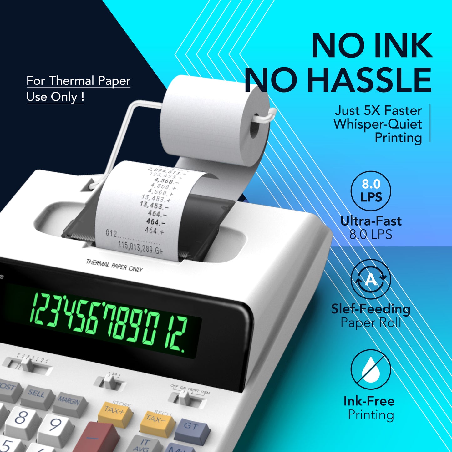SP-2401 Ink-Free 12 Digit Thermal Printing Calculator (White)