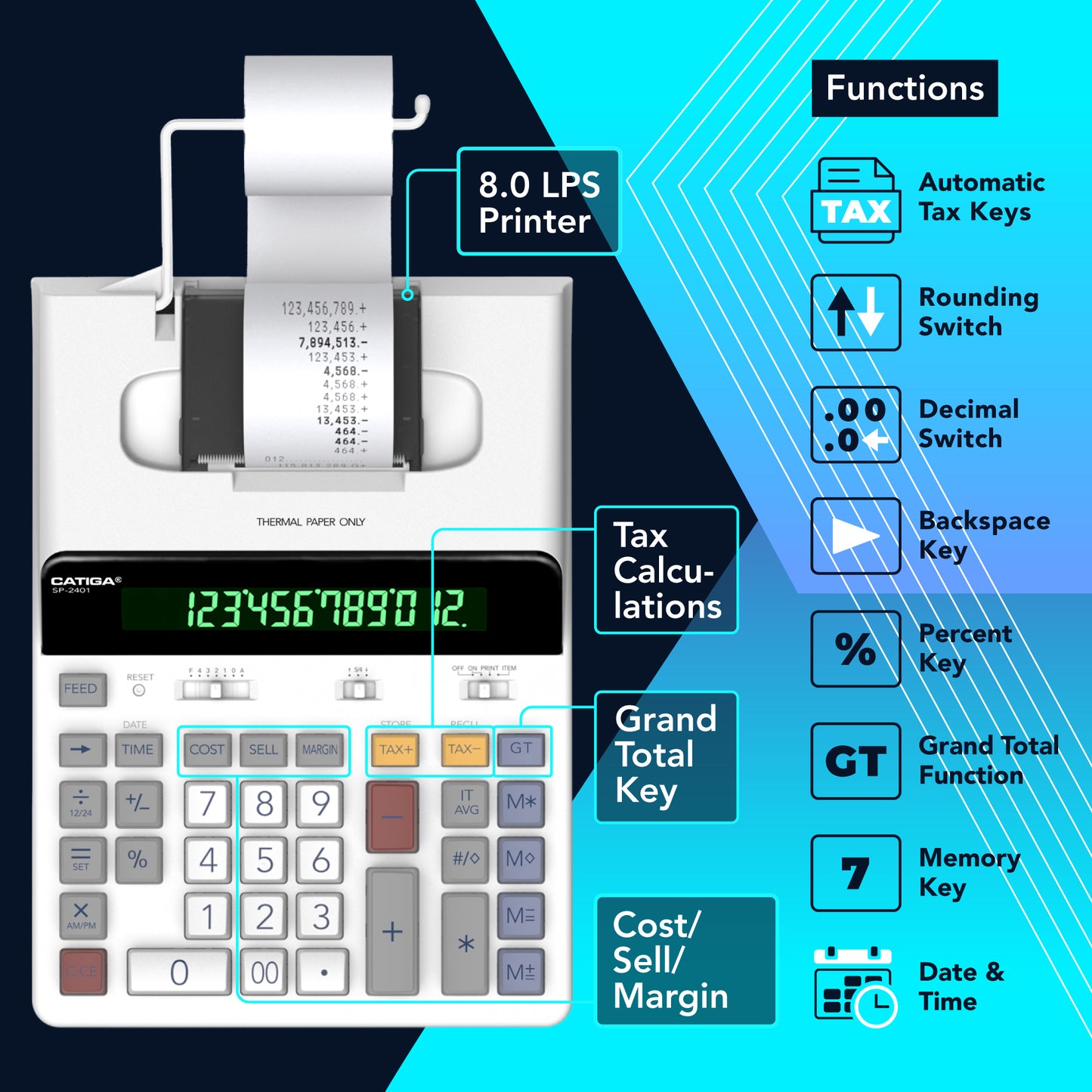 SP-2401 Ink-Free 12 Digit Thermal Printing Calculator (White)