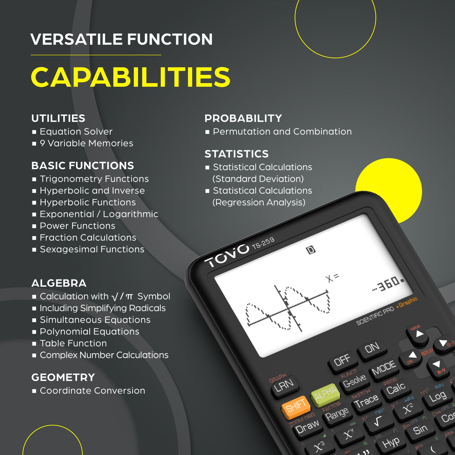 TOVO Scientific Graphing Calculator 360 Functions, TS259 (Black)