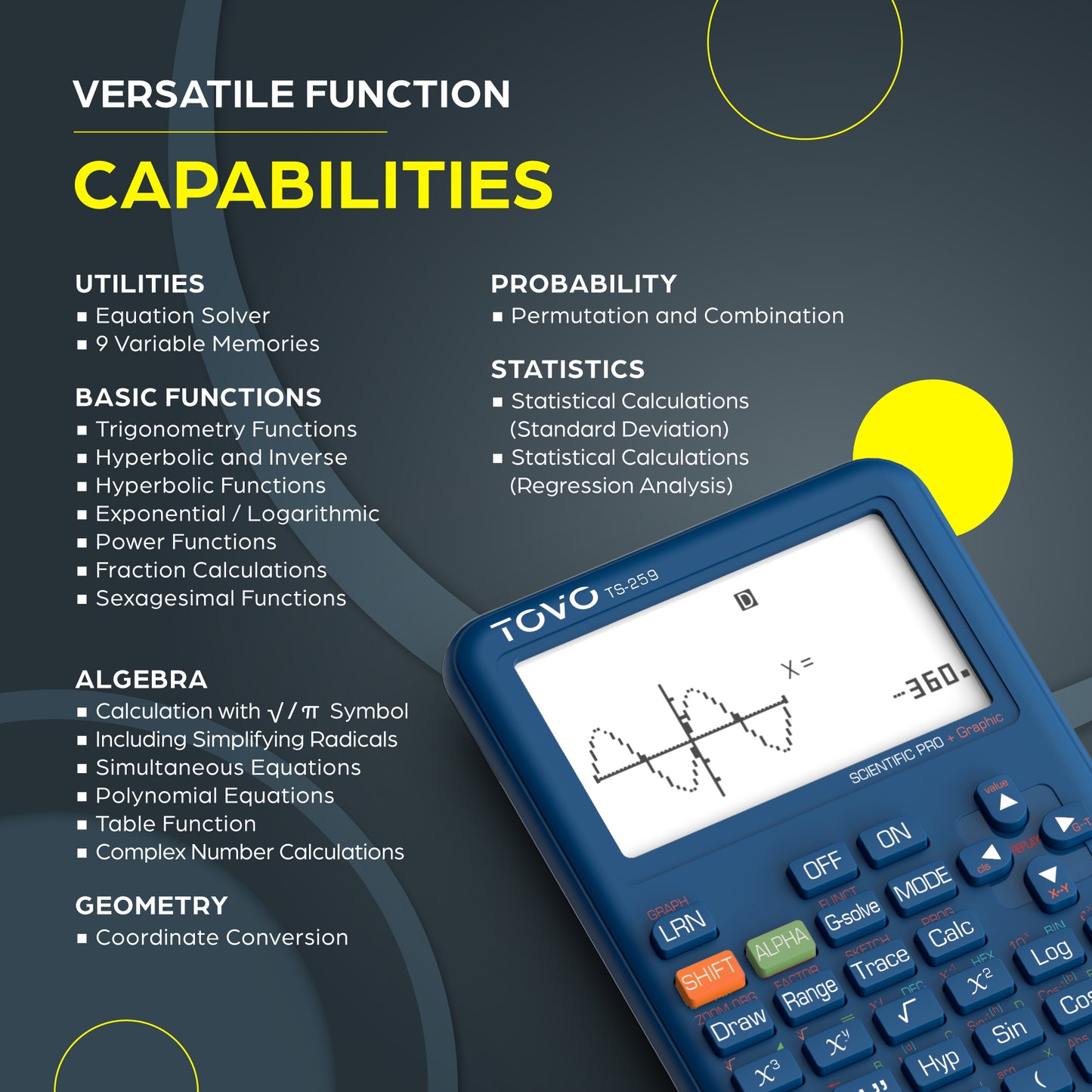 TOVO Scientific Graphing Calculator 360 Functions, TS259 (Navy Blue)