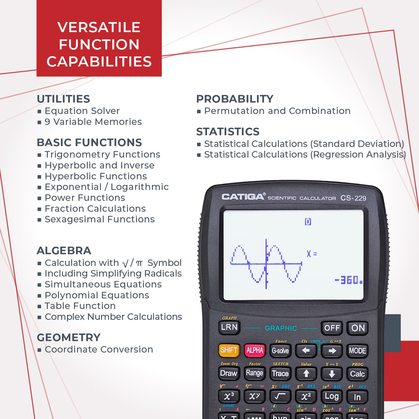 CS-229 Scientific Calculator with Graphic Functions and Multiple Modes (Black) -5 pack