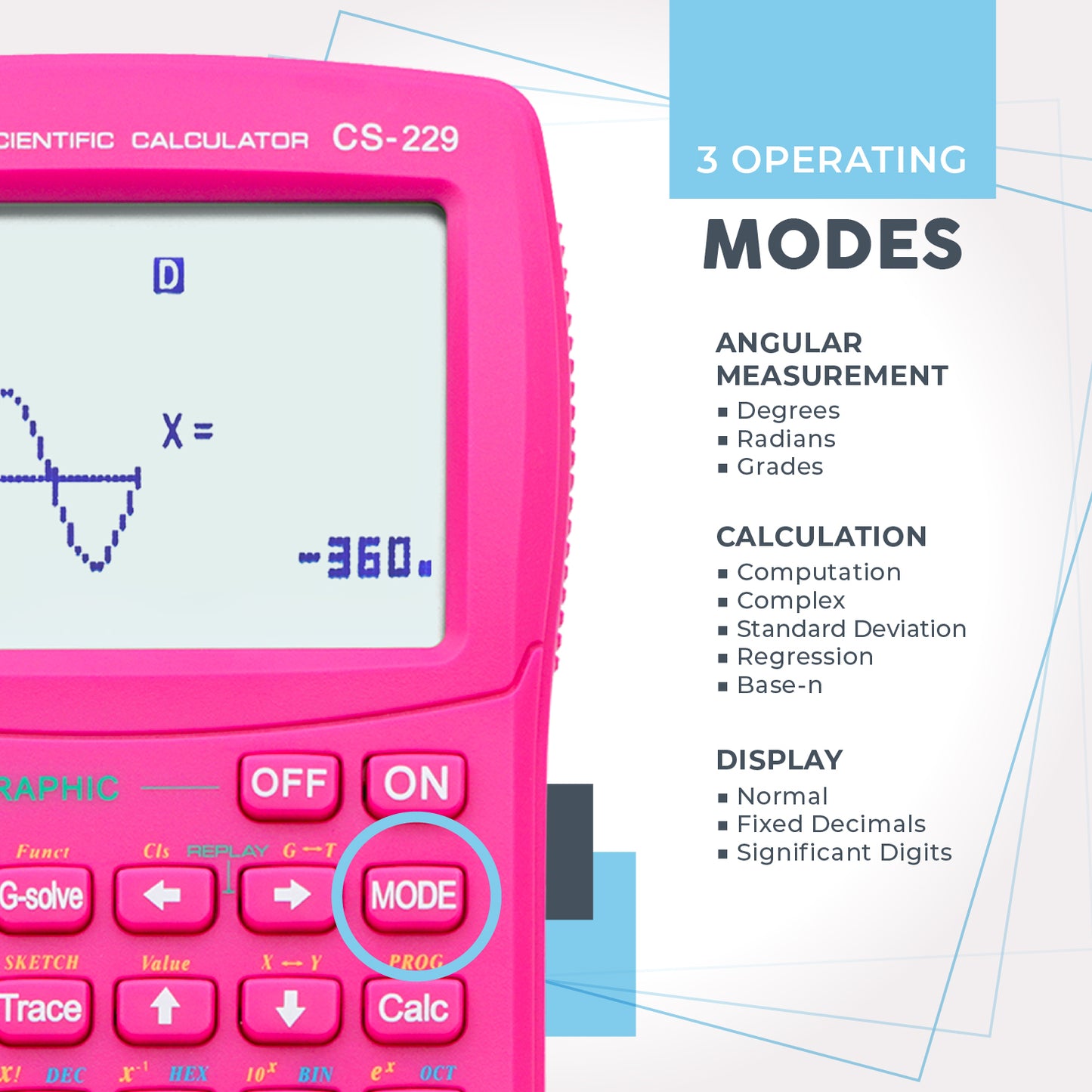 CS-229 Scientific Calculator with Graphic Functions and Multiple Modes (Pink)