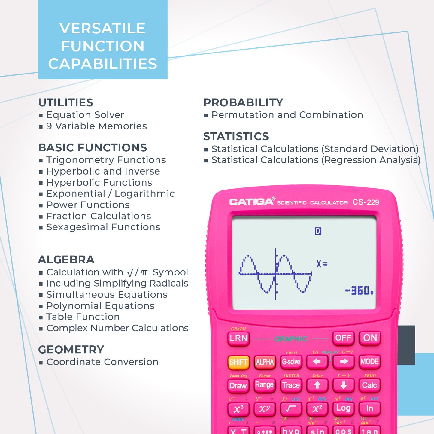 CS-229 Scientific Calculator with Graphic Functions and Multiple Modes (Pink)