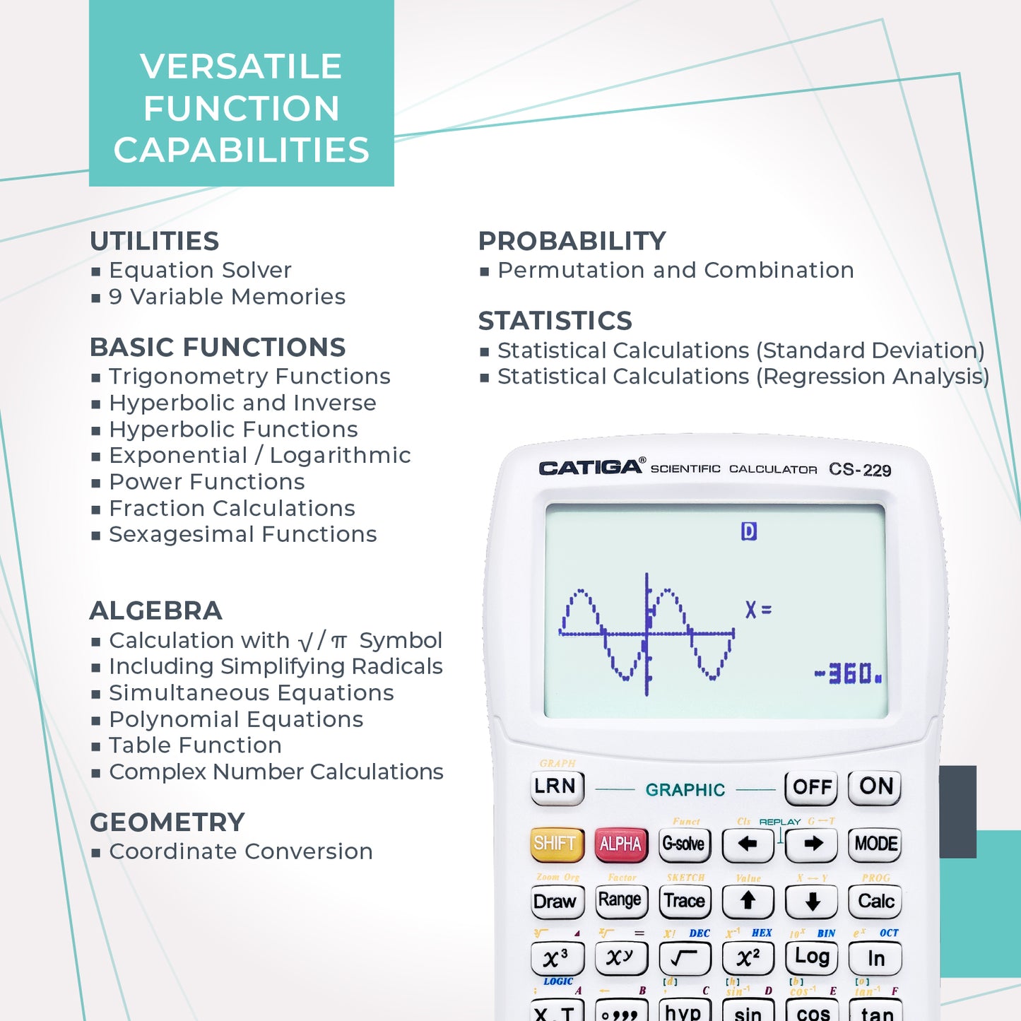 CS-229 Scientific Calculator with Graphic Functions and Multiple Modes (White)