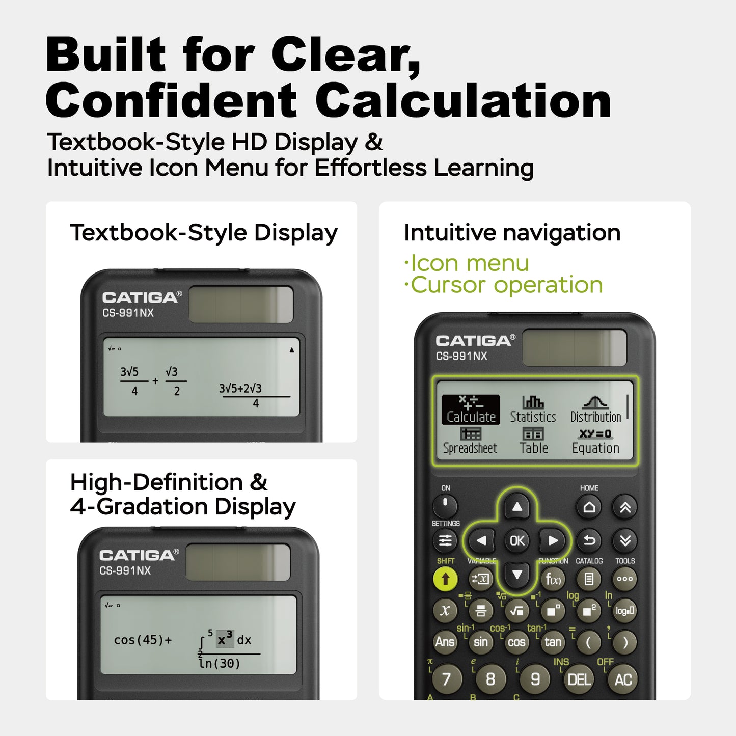 CATIGA Black Scientific Calculator with Textbook-Style HD Display, Solar & Battery Scientific Calculators for College, High School & Engineering Students, Icon Menu & Magnetic Hard Case, CS-991NX
