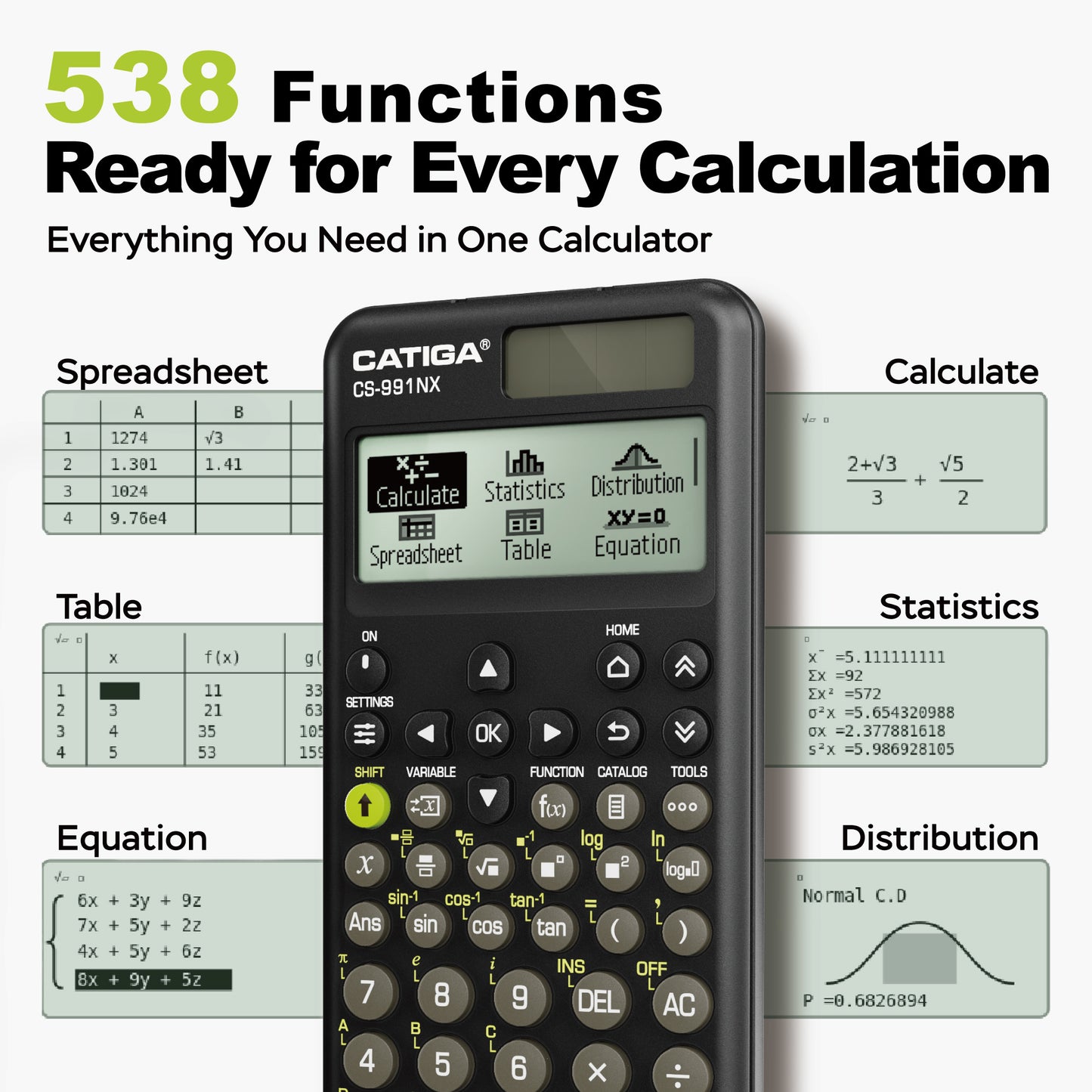 CATIGA Black Scientific Calculator with Textbook-Style HD Display, Solar & Battery Scientific Calculators for College, High School & Engineering Students, Icon Menu & Magnetic Hard Case, CS-991NX
