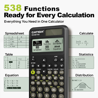CATIGA Black Scientific Calculator with Textbook-Style HD Display, Solar & Battery Scientific Calculators for College, High School & Engineering Students, Icon Menu & Magnetic Hard Case, CS-991NX