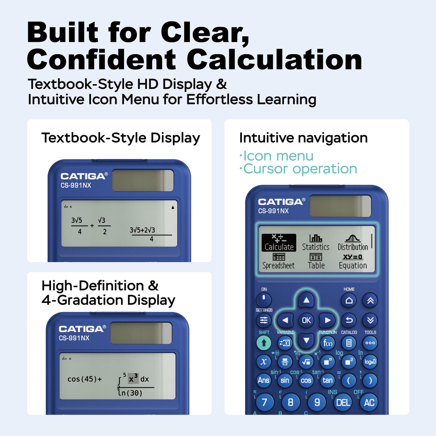 CATIGA Blue Scientific Calculator with Textbook-Style HD Display, Solar & Battery Scientific Calculators for College, High School & Engineering Students, Icon Menu & Magnetic Hard Case, CS-991NX
