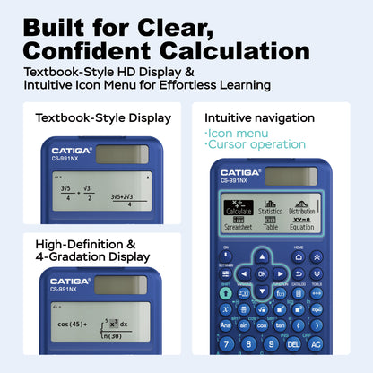 CATIGA Blue Scientific Calculator with Textbook-Style HD Display, Solar & Battery Scientific Calculators for College, High School & Engineering Students, Icon Menu & Magnetic Hard Case, CS-991NX