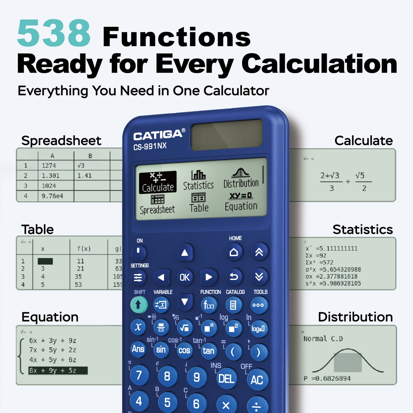 CATIGA Blue Scientific Calculator with Textbook-Style HD Display, Solar & Battery Scientific Calculators for College, High School & Engineering Students, Icon Menu & Magnetic Hard Case, CS-991NX