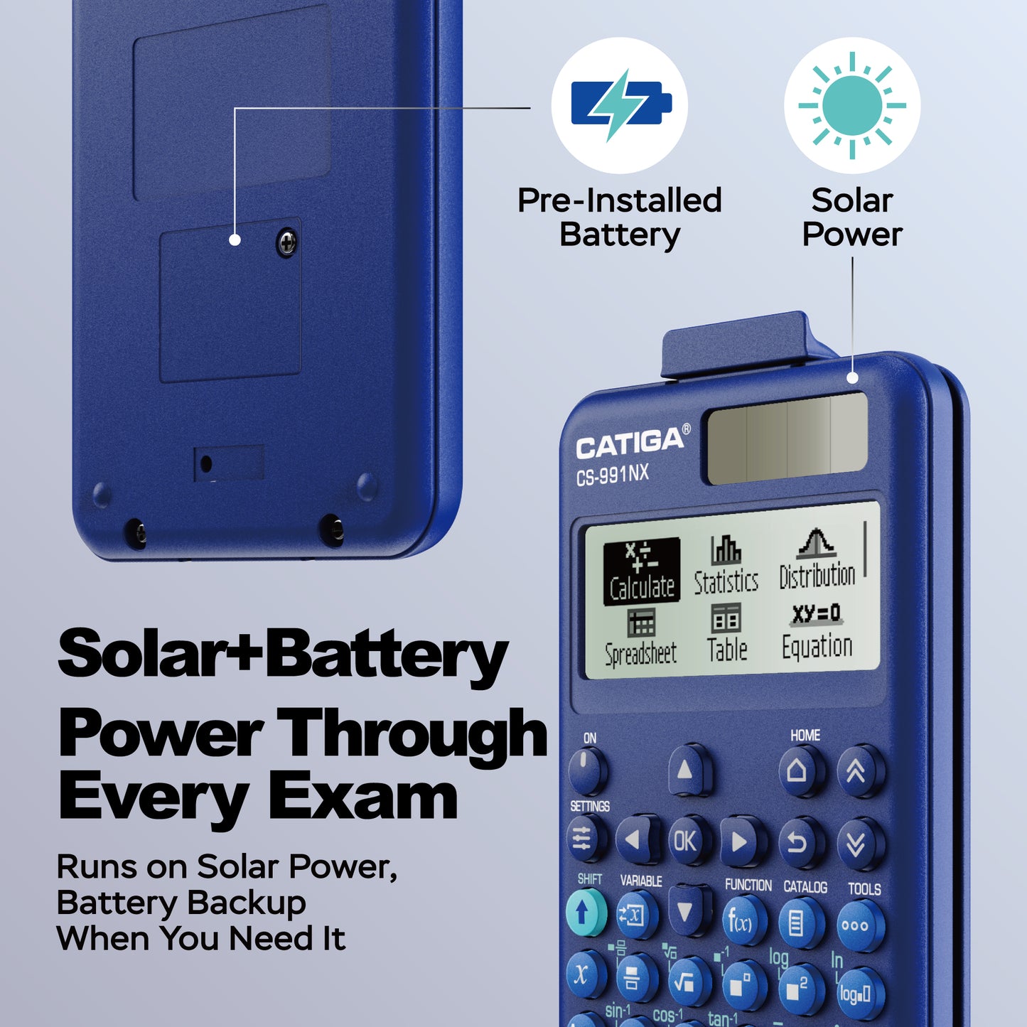 CATIGA Blue Scientific Calculator with Textbook-Style HD Display, Solar & Battery Scientific Calculators for College, High School & Engineering Students, Icon Menu & Magnetic Hard Case, CS-991NX