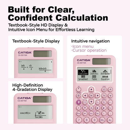 CATIGA Pink Scientific Calculator with Textbook-Style HD Display, Solar & Battery Scientific Calculators for College, High School & Engineering Students, Icon Menu & Magnetic Hard Case, CS-991NX