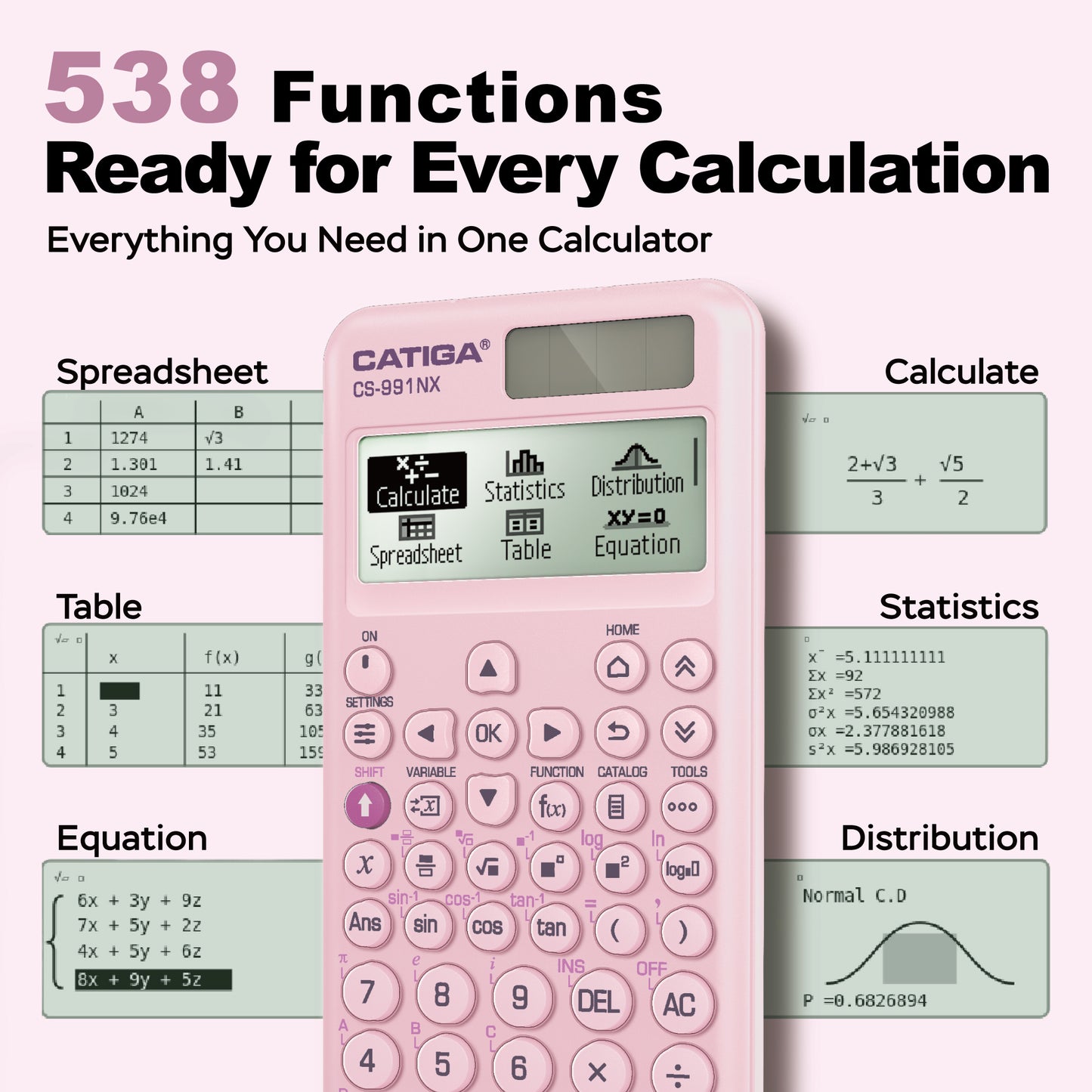 CATIGA Pink Scientific Calculator with Textbook-Style HD Display, Solar & Battery Scientific Calculators for College, High School & Engineering Students, Icon Menu & Magnetic Hard Case, CS-991NX