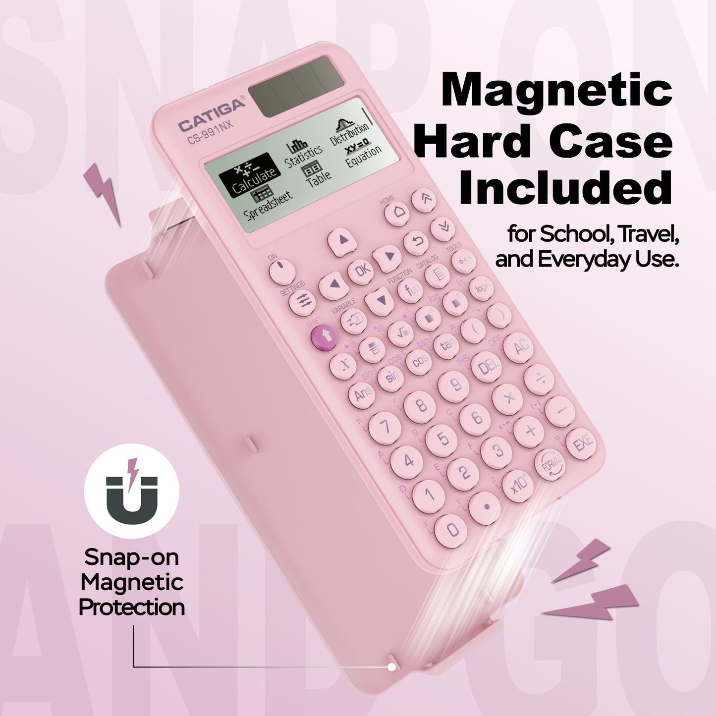 CATIGA Pink Scientific Calculator with Textbook-Style HD Display, Solar & Battery Scientific Calculators for College, High School & Engineering Students, Icon Menu & Magnetic Hard Case, CS-991NX