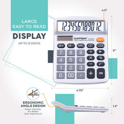 CD-2786 12 Digits Basic calculator, Desktop Calculator with Dual Power (2Pack)