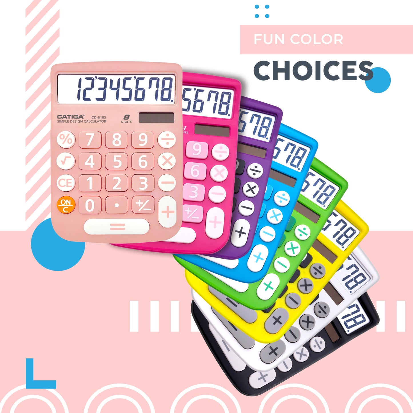 CATIGA Desktop Calculator 8 Digit with Solar Power and LCD Display, Big Buttons, for Home, Office, School, Class and Business, 4 Function Small Basic Calculators for Desk, CD-8185 (Light Pink)