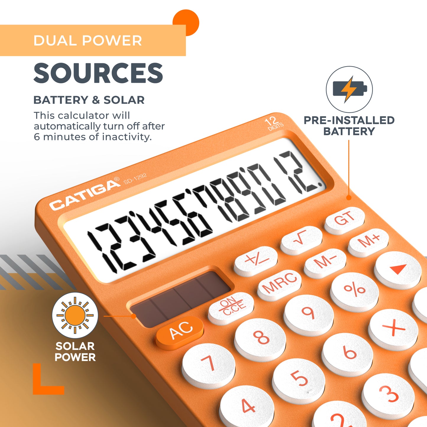 CATIGA 12 Digit Desktop Calculator with Large LCD Display, SD-1292, Orange