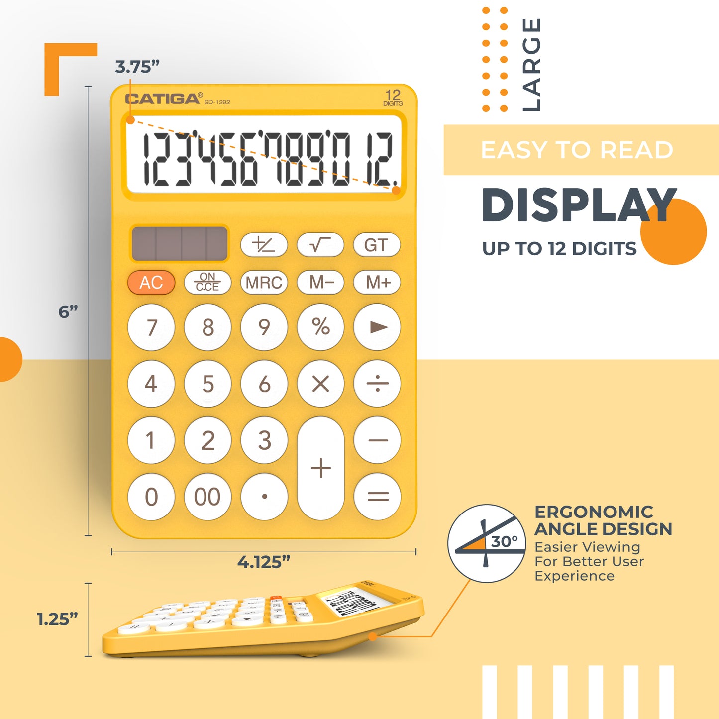 CATIGA 12 Digit Desktop Calculator with Large LCD Display, SD-1292, Yellow