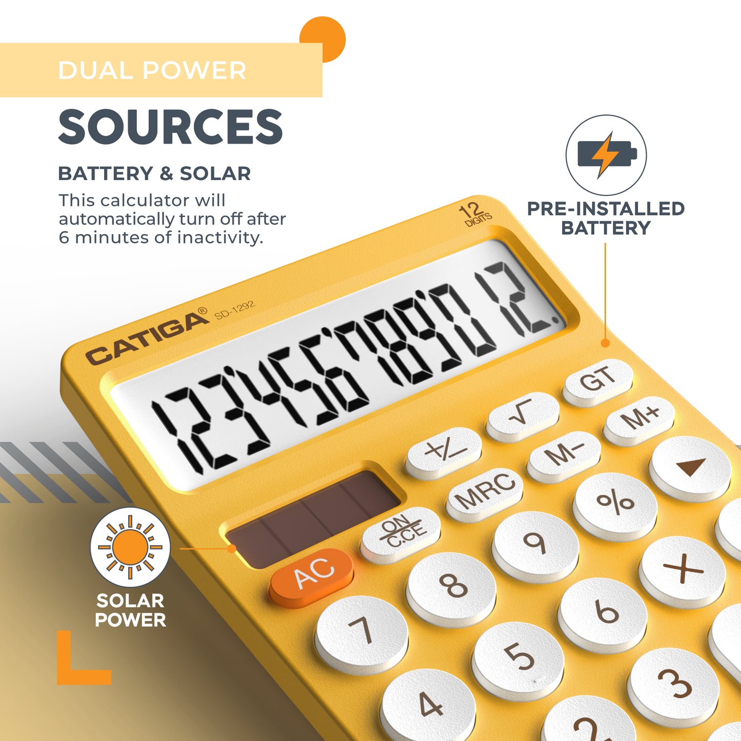 CATIGA 12 Digit Desktop Calculator with Large LCD Display, SD-1292, Yellow