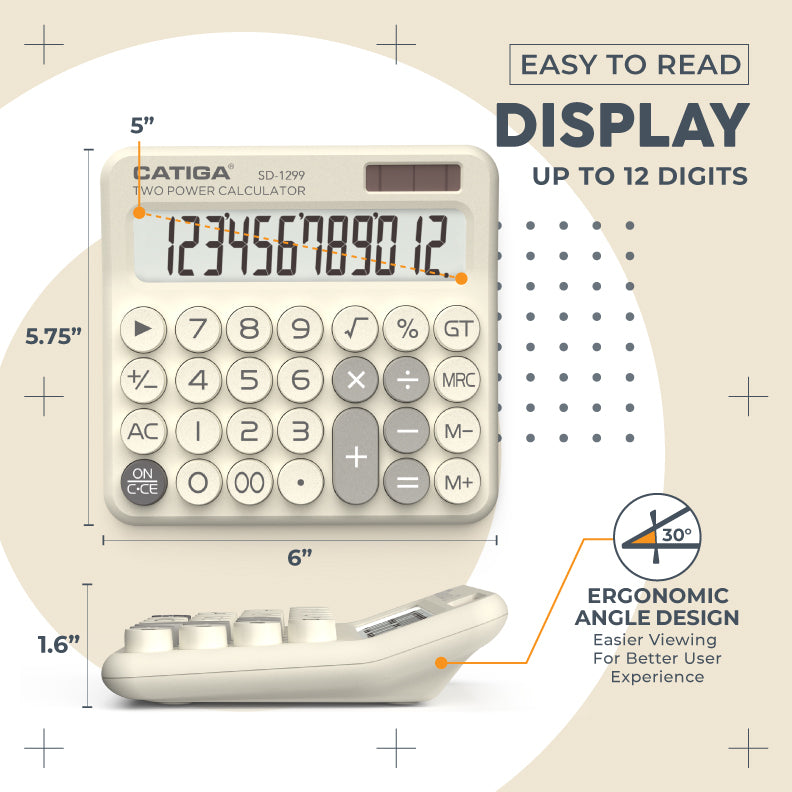 CATIGA Mechanical Switch Calculator with Solar and Battery Dual Power, 12-Digit Aesthetic and Cute Desktop Calculator with Big Button, for Home, School and Office Use, SD-1299 (Beige)