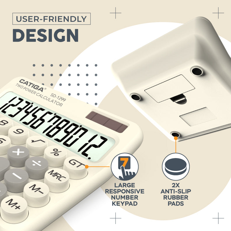 CATIGA Mechanical Switch Calculator with Solar and Battery Dual Power, 12-Digit Aesthetic and Cute Desktop Calculator with Big Button, for Home, School and Office Use, SD-1299 (Beige)