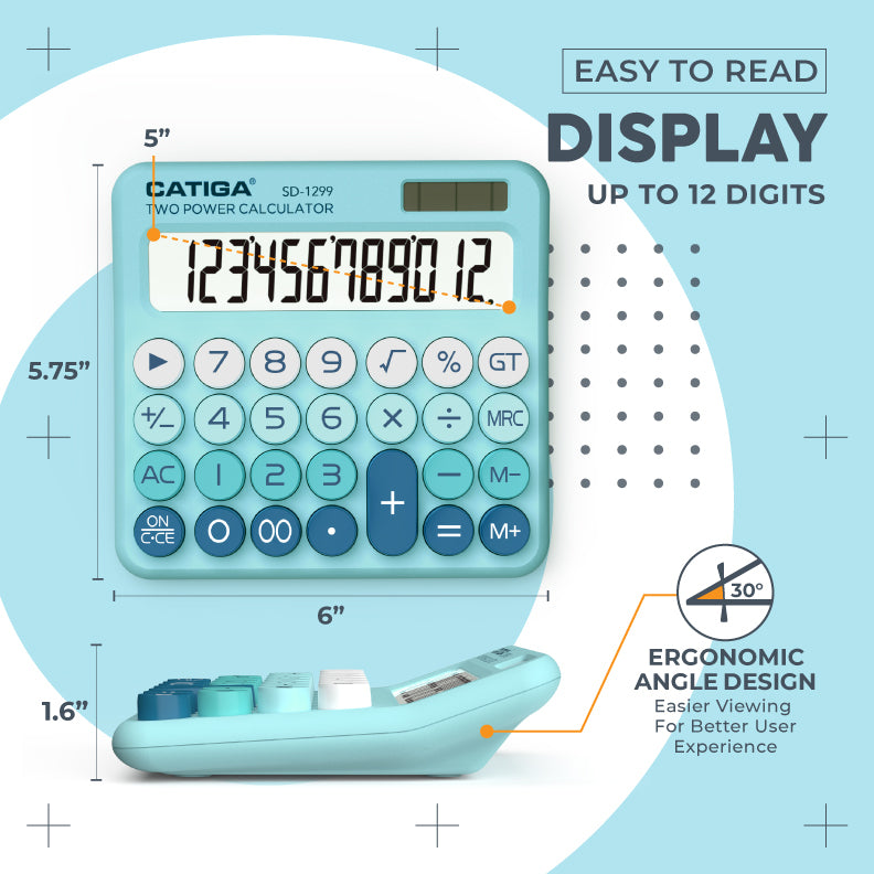 CATIGA Mechanical Switch Calculator with Solar and Battery Dual Power, 12-Digit Aesthetic and Cute Desktop Calculator with Big Button, for Home, School and Office Use, SD-1299 (Aqua Blue)