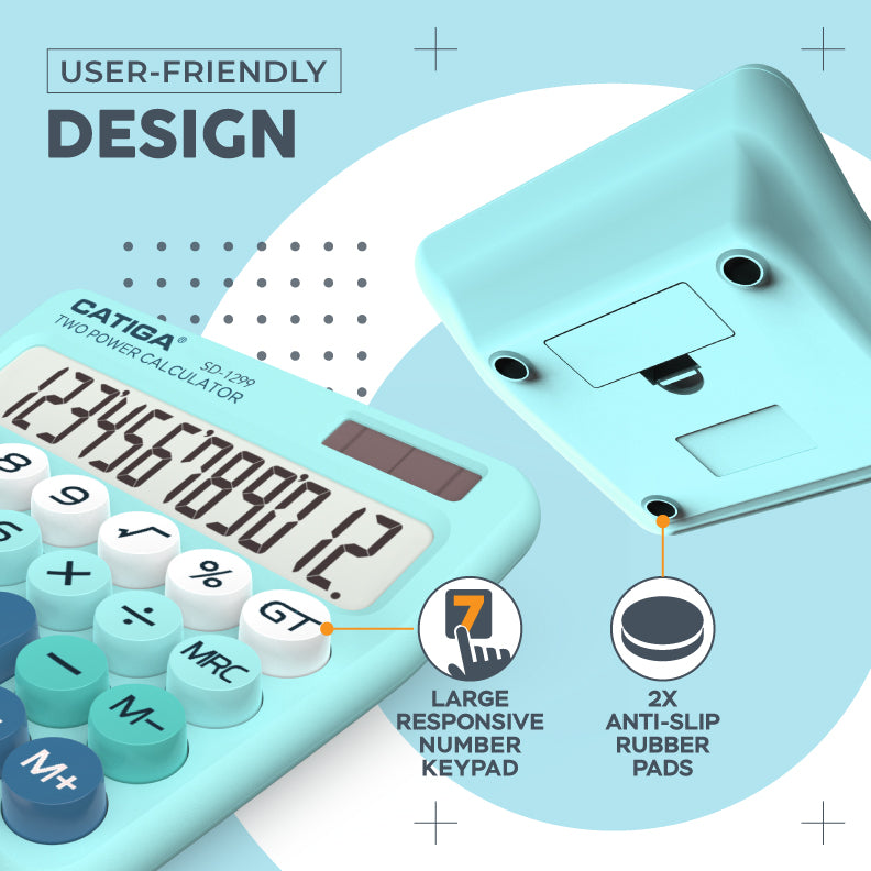 CATIGA Mechanical Switch Calculator with Solar and Battery Dual Power, 12-Digit Aesthetic and Cute Desktop Calculator with Big Button, for Home, School and Office Use, SD-1299 (Aqua Blue)