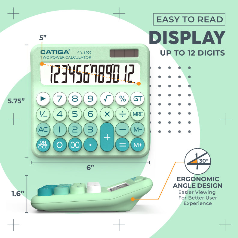 CATIGA Mechanical Switch Calculator with Solar and Battery Dual Power, 12-Digit Aesthetic and Cute Desktop Calculator with Big Button, for Home, School and Office Use, SD-1299 (Mint Green)