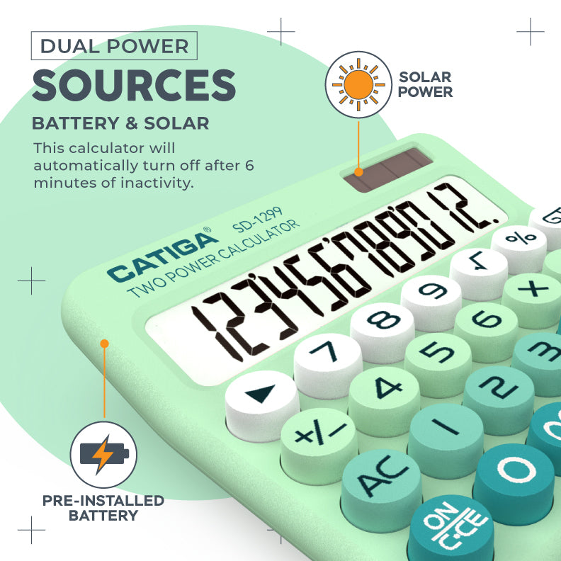 CATIGA Mechanical Switch Calculator with Solar and Battery Dual Power, 12-Digit Aesthetic and Cute Desktop Calculator with Big Button, for Home, School and Office Use, SD-1299 (Mint Green)