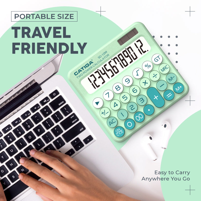 CATIGA Mechanical Switch Calculator with Solar and Battery Dual Power, 12-Digit Aesthetic and Cute Desktop Calculator with Big Button, for Home, School and Office Use, SD-1299 (Mint Green)