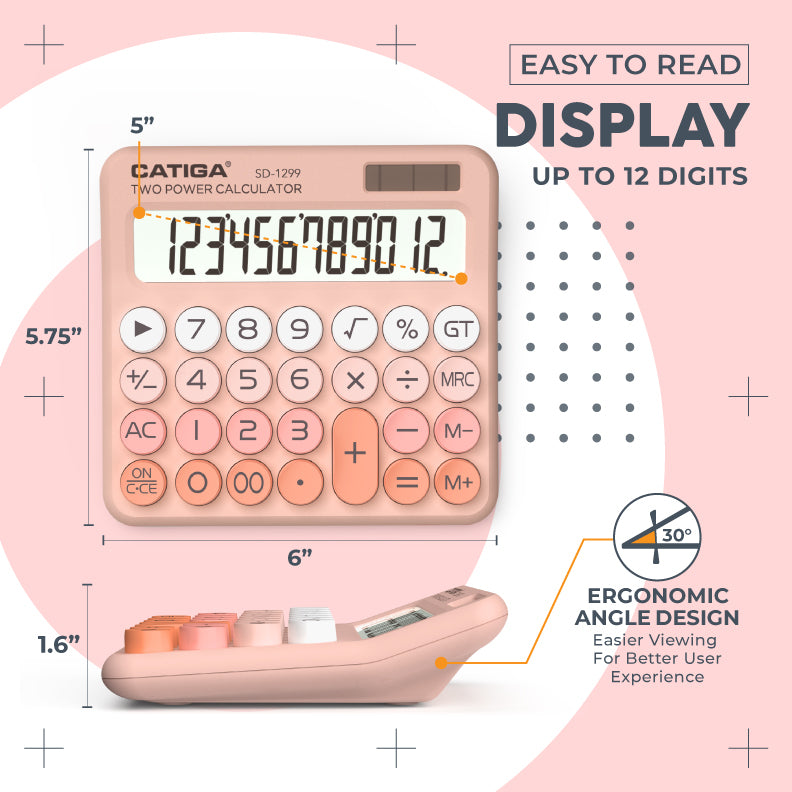 CATIGA Mechanical Switch Calculator with Solar and Battery Dual Power, 12-Digit Aesthetic and Cute Desktop Calculator with Big Button, for Home, School and Office Use, SD-1299 (Peach)