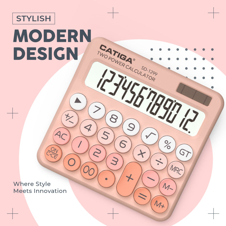 CATIGA Mechanical Switch Calculator with Solar and Battery Dual Power, 12-Digit Aesthetic and Cute Desktop Calculator with Big Button, for Home, School and Office Use, SD-1299 (Peach)