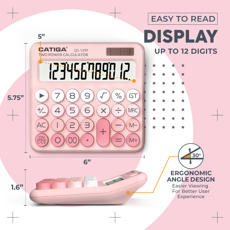 CATIGA Mechanical Switch Calculator with Solar and Battery Dual Power, 12-Digit Aesthetic and Cute Desktop Calculator with Big Button, for Home, School and Office Use, SD-1299 (Blush Pink)