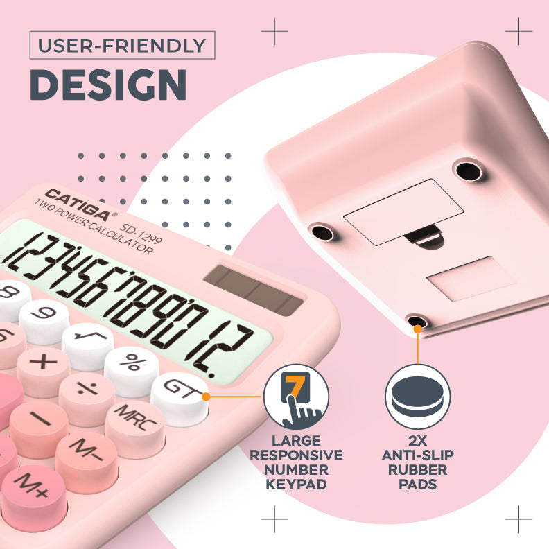 CATIGA Mechanical Switch Calculator with Solar and Battery Dual Power, 12-Digit Aesthetic and Cute Desktop Calculator with Big Button, for Home, School and Office Use, SD-1299 (Blush Pink)