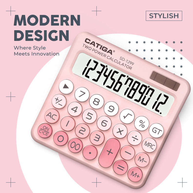 CATIGA Mechanical Switch Calculator with Solar and Battery Dual Power, 12-Digit Aesthetic and Cute Desktop Calculator with Big Button, for Home, School and Office Use, SD-1299 (Blush Pink)