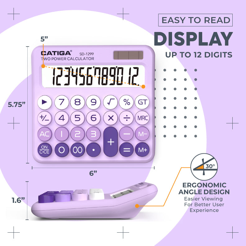 CATIGA Mechanical Switch Calculator with Solar and Battery Dual Power, 12-Digit Aesthetic and Cute Desktop Calculator with Big Button, for Home, School and Office Use, SD-1299 (Lavender)