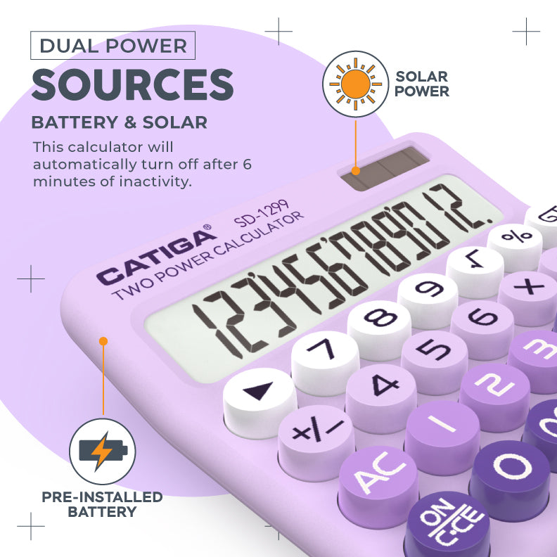 CATIGA Mechanical Switch Calculator with Solar and Battery Dual Power, 12-Digit Aesthetic and Cute Desktop Calculator with Big Button, for Home, School and Office Use, SD-1299 (Lavender)