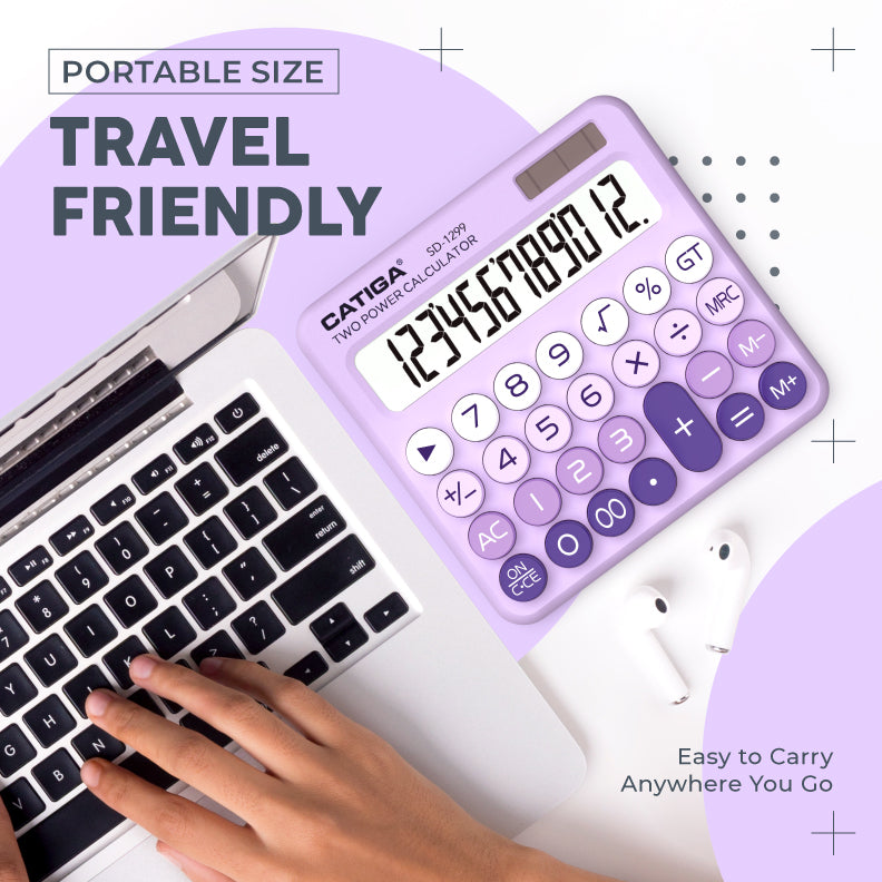 CATIGA Mechanical Switch Calculator with Solar and Battery Dual Power, 12-Digit Aesthetic and Cute Desktop Calculator with Big Button, for Home, School and Office Use, SD-1299 (Lavender)