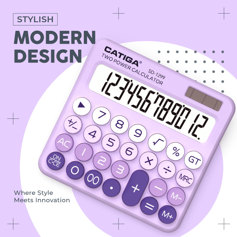 CATIGA Mechanical Switch Calculator with Solar and Battery Dual Power, 12-Digit Aesthetic and Cute Desktop Calculator with Big Button, for Home, School and Office Use, SD-1299 (Lavender)