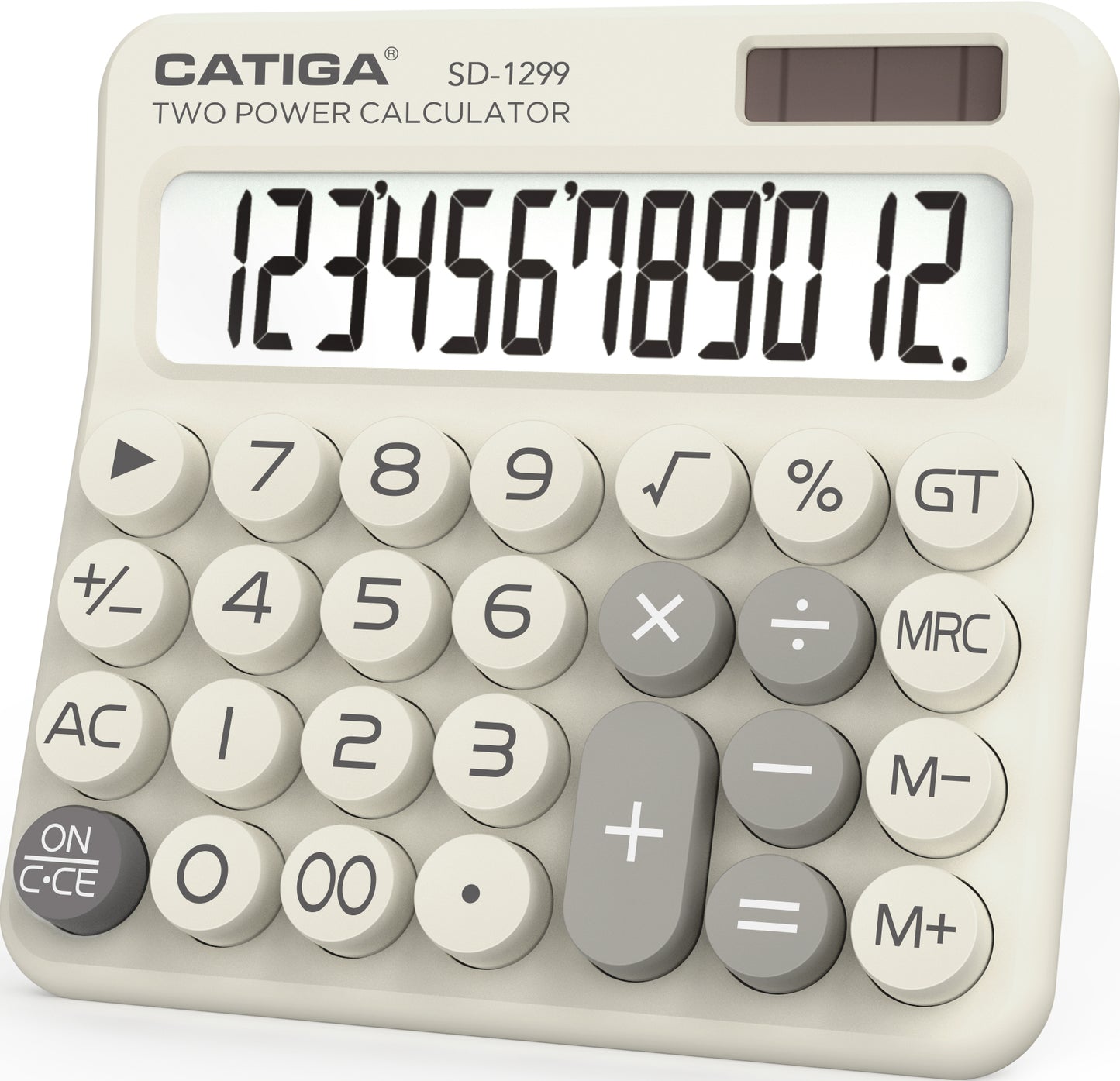 CATIGA Mechanical Switch Calculator with Solar and Battery Dual Power, 12-Digit Aesthetic and Cute Desktop Calculator with Big Button, for Home, School and Office Use, SD-1299 (Beige)