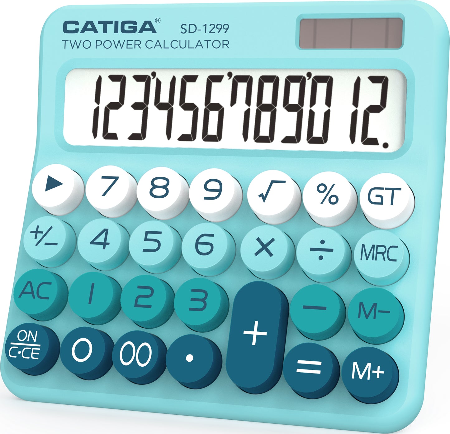 CATIGA Mechanical Switch Calculator with Solar and Battery Dual Power, 12-Digit Aesthetic and Cute Desktop Calculator with Big Button, for Home, School and Office Use, SD-1299 (Aqua Blue)