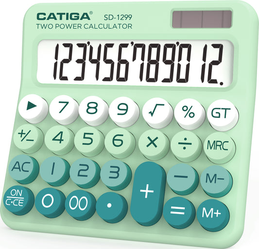 CATIGA Mechanical Switch Calculator with Solar and Battery Dual Power, 12-Digit Aesthetic and Cute Desktop Calculator with Big Button, for Home, School and Office Use, SD-1299 (Mint Green)