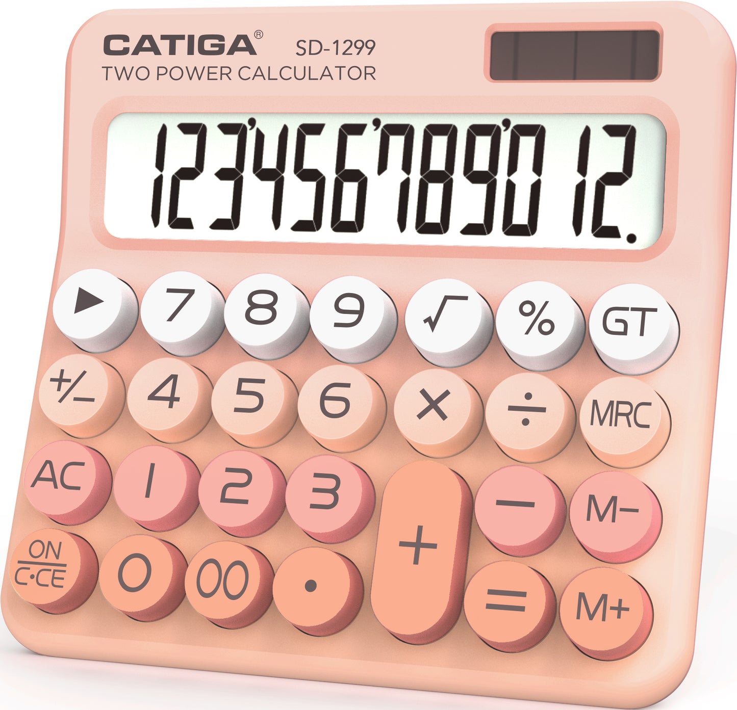 CATIGA Mechanical Switch Calculator with Solar and Battery Dual Power, 12-Digit Aesthetic and Cute Desktop Calculator with Big Button, for Home, School and Office Use, SD-1299 (Peach)