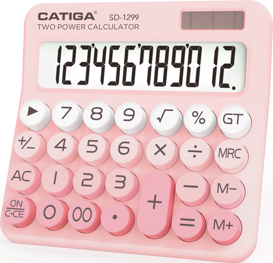 CATIGA Mechanical Switch Calculator with Solar and Battery Dual Power, 12-Digit Aesthetic and Cute Desktop Calculator with Big Button, for Home, School and Office Use, SD-1299 (Blush Pink)