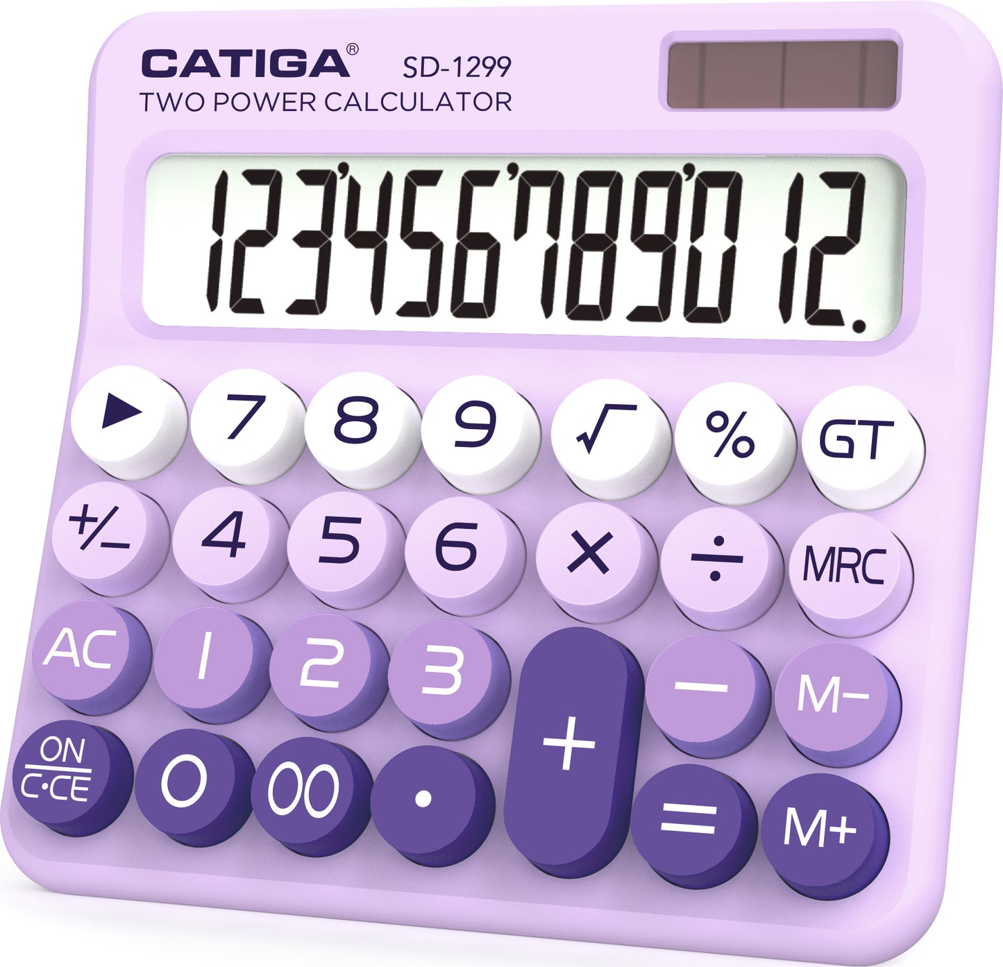 CATIGA Mechanical Switch Calculator with Solar and Battery Dual Power, 12-Digit Aesthetic and Cute Desktop Calculator with Big Button, for Home, School and Office Use, SD-1299 (Lavender)