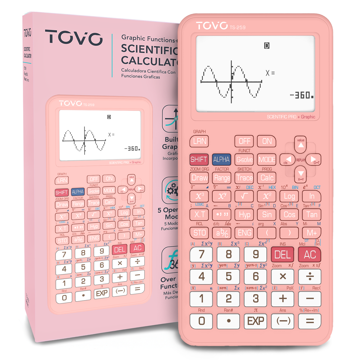 TOVO Scientific Graphing Calculator 360 Functions, TS259 (Pink)
