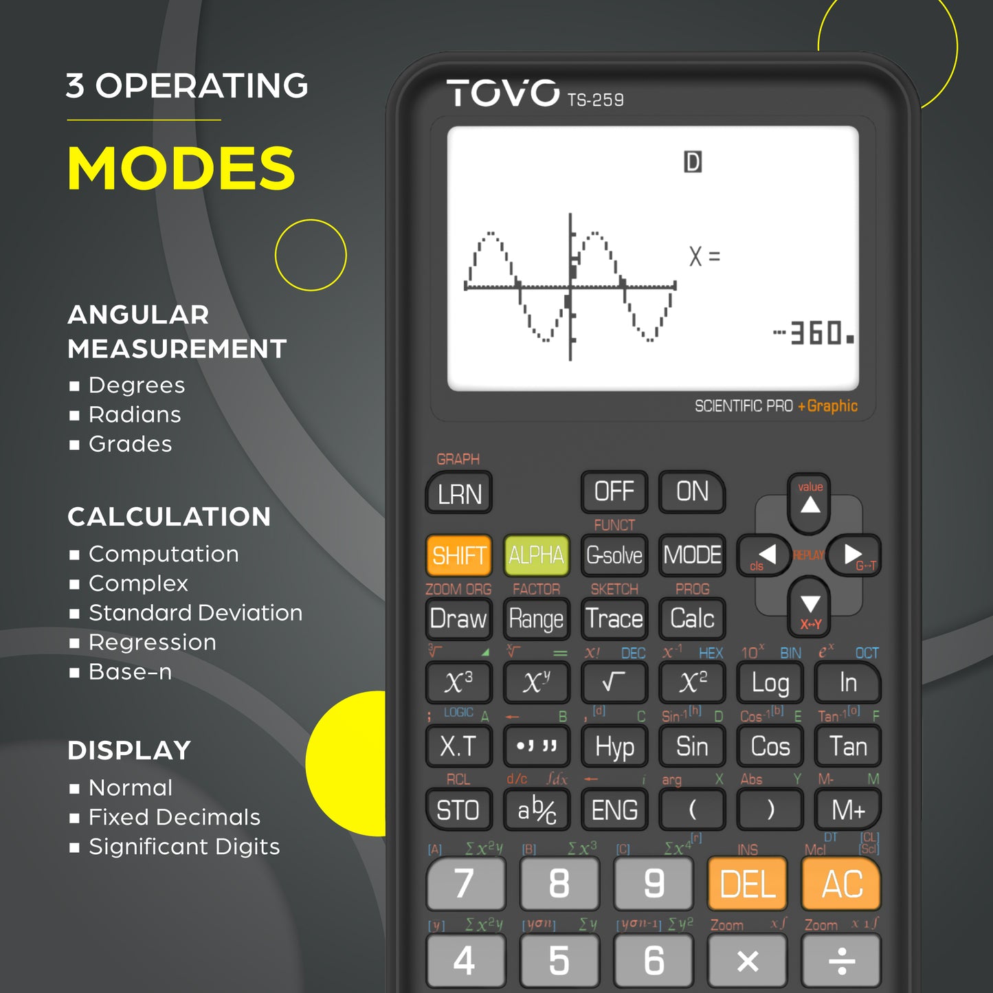 TOVO Scientific Graphing Calculator 360 Functions, TS259 (Black)